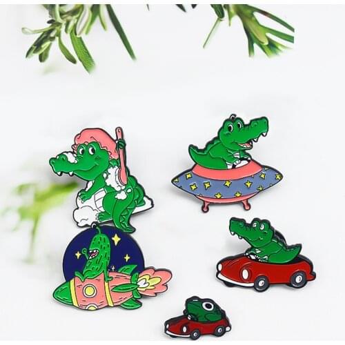 Cartoon Cute Animals Crocodile Frog Enamel Brooch Spaceship Rocket Car Cloud Alloy Pins Sweet Accessories Woman Jewelry Gift