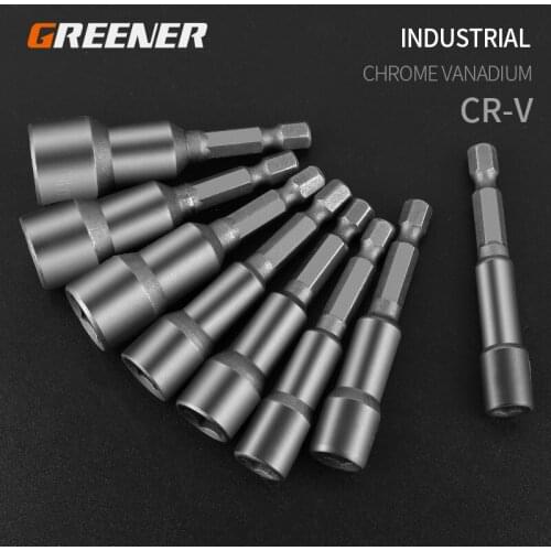 Greener 80mm Length Deepen Power Nut Driver Drill Bit Set 5.5-19MM Impact Socket Adapter For Power Tools 6.35MM Hex Shank