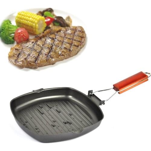 Non-sticky Cast Iron Steak Frying Pan Wooden Handle Folding Portable Square Grill Pan