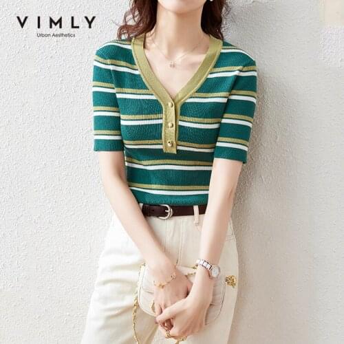 VIMLY Summer Women Knitted Tops Fashion Striped Half Sleeve Sweater Casual V Neck Slim Clothes Female Tops F7655