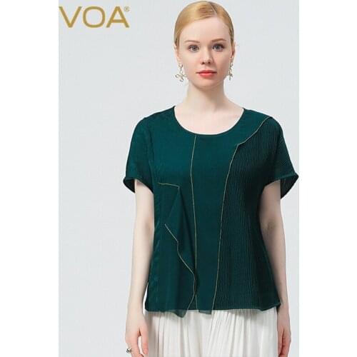 VOA Silk Jacquard Peacock Green Tees Round Collar Short-sleeved Fold Qiaoqi Tops for Women Studded Straight Cougar T-shirt BE655