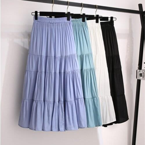 Korean Style Long Skirt Women For Spring Summer 2021 Blue White Black Elastic High Waist Sun School Midi Pleated Skirt Female