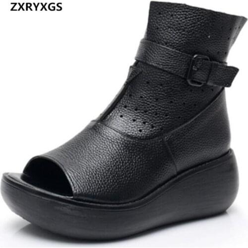 2020 Fish Mouth Spring Summer Boots Genuine Leather Shoes Fashion Sandals Women Shoes Thick Bottom Wedge Sandas Womens Sandals