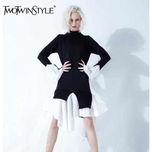 TWOTWINSTYLE Ruffles Patchwork Sweater For Women Stand Collar Long Sleeve Irregular Long Knitting Pullover Tops Female 2020