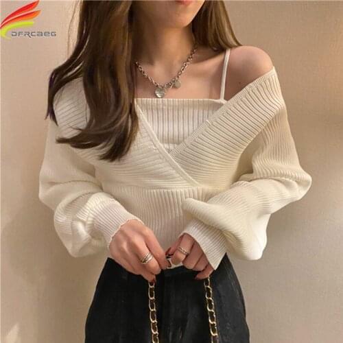Two Piece Set Sweater Women 2021 Autumn Winter New Rib Knitting Long Sleeve Top V Neck Off Shoulder Casual Pullovers Hot Sale