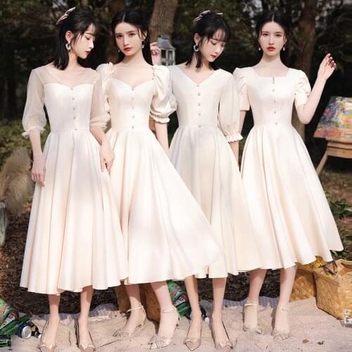 New Tea length Bridesmaid Dress Mismatched Satin Simple With Sleeves Cheap Wedding Party Dress For Women robe de soirée mariage