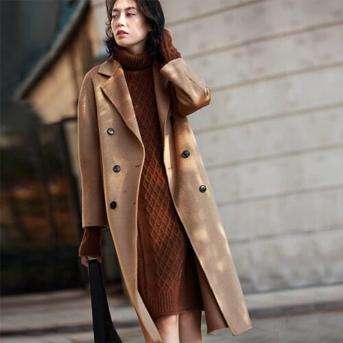 Loose and Comfortable Wool Classic Double Side Cashmere Coat Water Ripple European and American Cashmere Overcoat Womens 7223