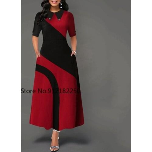 Summer A Line Color Block Office Dress Elegant Women Peter Pan Collar Half Sleeve African Lady Work Wear Long Maxi Dress Female