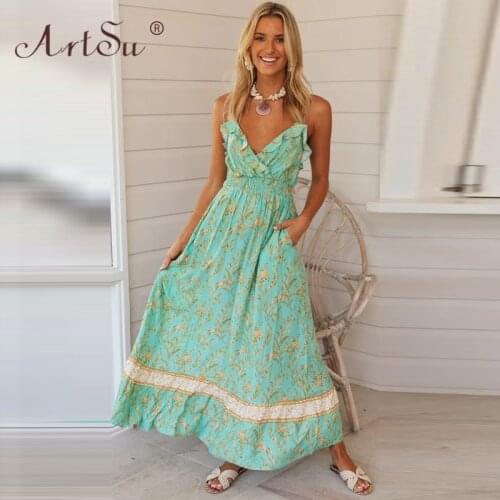 ArtSu 2020 Summer Boho Dress Women V Neck Straps Sexy A-Line Holiday Floral Print Maxi Dress Casual Ruffles Robe Femme
