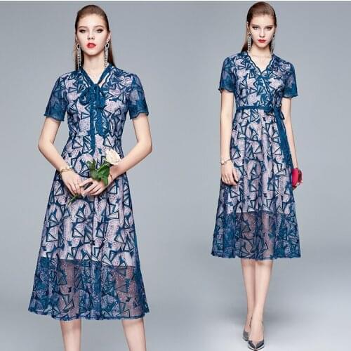 Women Elegant Wavy Edge V Neck Lace-Up Boho Lace Embroidery Vintage Floral Embroidered Short Sleeve Blue Mesh Dress B66656