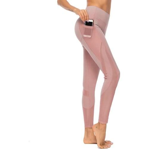 2019 Solid Color Mobile Phone Pocket Leggings Fitness Women Leggings Patchwork Net Yarn Leggings