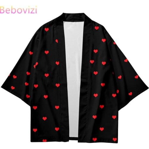 2021 Red Heart Print Japanese Cartoon Beach Kimono Streetwear Men Women Cardigan Cosplay Haori Yukata Harajuku Tops Robe Clothes