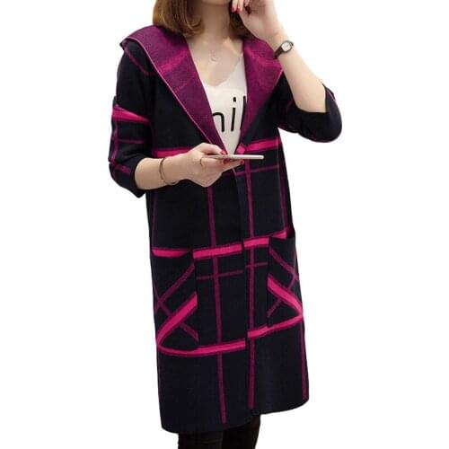 Long Hooded Cardigan Womens Sweater Autumn Long-sleeved Plaid Loose Open Stitch Knit Sweater Womens Jacket Oversize Coat L66