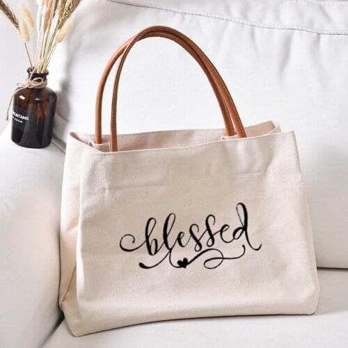 Blessed Printed Canvas Tote Bag Gift for Christian Church Bag Women Lady Casual Beach Work Bag Handbag Dropshipping