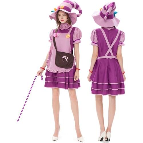 Game Anime Candy Maid Uniform Witch Wizard Dress Cosplay Costume (Dress+Bowknot+Hat+Apron+Shoulder bag+Bracelet)
