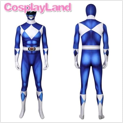 Tricera Blue Ranger Costume Cosplay Halloween Superhero Zentai Fancy Adult Men Blue Jumpsuit Full Set with Mask