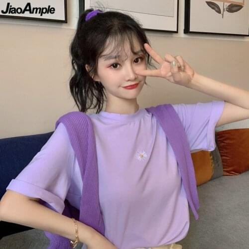 Summer Sweet Daisy Flower Short Sleeve T-shirts 2020 Hot Purple Cozy Cotton Tops Women Casual Joker Clothes Students Girls Cloth