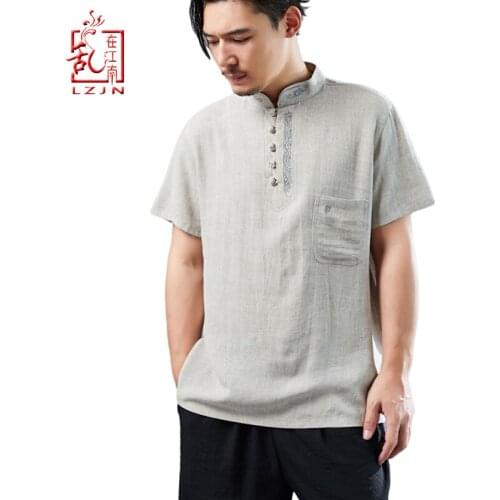 LZJN 2019 New Summer Short Sleeve Tops Mens Cotton Linen Basic Shirts Casual Retro Chinese Style Embroidery Henley Tops Male