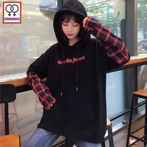 Cute Hoodies Sweatshirts Women Fashion Long Sleeve Preppy Style Girls Letter Printed Tops Patchwork Red Plaid Hooded Hoodies 411