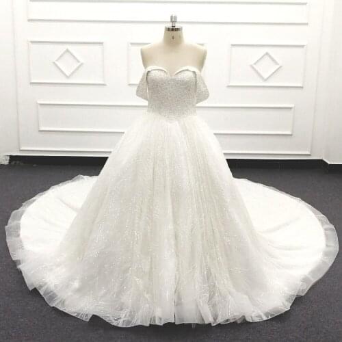 Molanda Hung 2021 Ball Gown Bride Dress Sweetheart Wedding Dresses With Full Beads Chapel Train Off Shoulder Hard Tulle HQ016