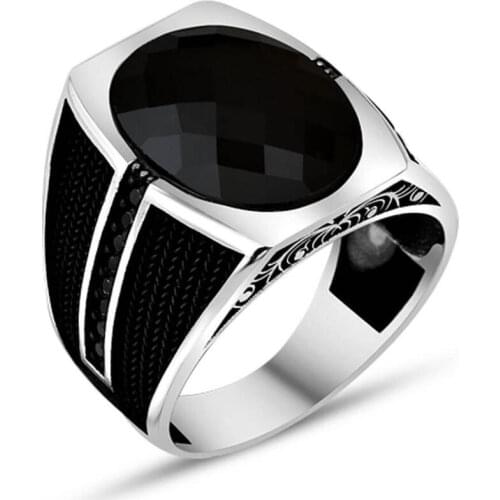 Men Silver Ring With Oval Big Black Zircon Stone Gifts For Men Made In Turkey Solid 925 Sterling Silver