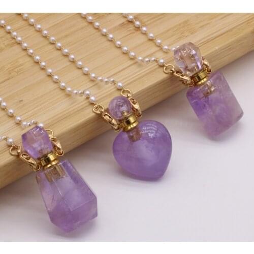 2021New Natural Semi-precious Stone Amethyst Heart-shaped Perfume Bottle Pendant Necklace Pearl ChainDIY Jewelry Decoration Gift
