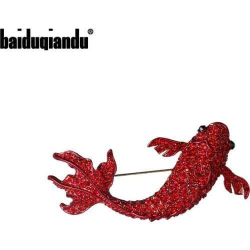 Baiduqiandu Brand New Arrival Red Rhinestones Pave Carp Fish Brooch Pins for Women Fashion Jewelry Dress Accessories