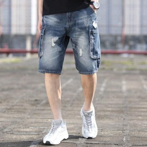 New Summer Denim Shorts Knee Length Straight Ripped Jeans Men Casual Shorts Jean Homme Plus Size 42