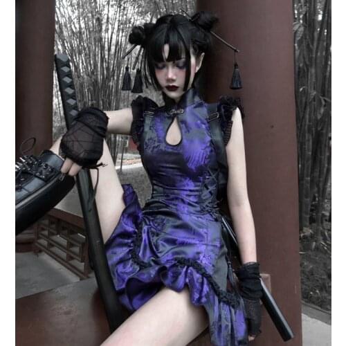 Original design Gothic retro Chinese cheongsam Sleeveless Stand Collar Tassels Strap Mini Dress Slim Sexy Punk Party Dress Women