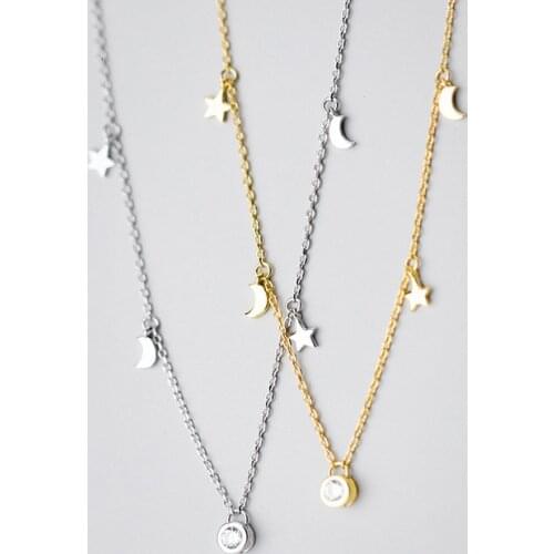 Elegant 925 Sterling Silver Small Moon Star Pendant Necklaces for Women Gold Color Star Chokers Necklace Silver Jewelry 2020
