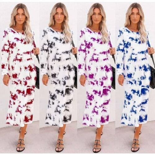 Spring Autumn Bohemia Tie Dye Print Womens Midi Dress 2021 Fashion O Neck Maxi Robe Casual Split Ladies Dresses Plus Size Basic