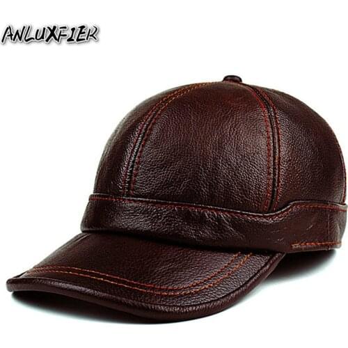 Adult New Genuine Leather Hat Mens Warm Genuine Leather Baseball Cap Male Winter Outdoor Ear Protection Cap Leather Hat B-8385