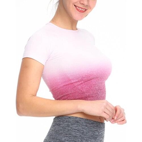 BINAND Contrast Color Round Collar Crop Top Women Seamless Comfortable Slim Yoga Short Sleeve Sweat Wicking Workout Fitness Top