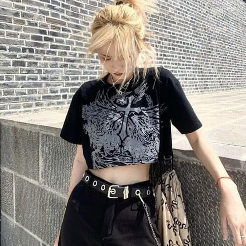 Black Gothic Print Women Crop Top Korean Style T Shirt Short Sleeve Tshirt Harajuku Ulzzang Tee Clothes Sexy Goth Grunge Croptop