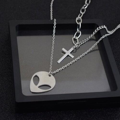 Hip Hop Stainless Steel Necklace Double Layer Cross Pendant Chain Choker Necklace Men Women Jewelry Collier Cool Punk Pub Party