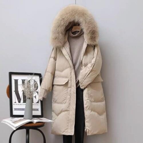 Women 2021 Winter Fashion Long White Duck Down Coats Female Solid Warm Loose Outwear Ladies Real Fox Fur Hooded Jackets E560