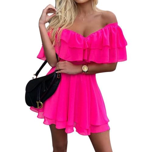 Elegant Off Shoulder Ruffle Short Mini Dress Women Casual Summer V Neck Fashion Sexy Ruffle Vestidos AM6076