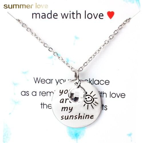 New Fashion Stainless Steel Cute Crystal Necklace for Women Lover you are my sunshine Pendant Necklace with Jewelry Card Gifts