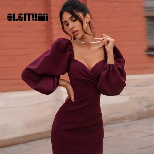 2020 Hot Sale Women Spring Sexy Solid V-Neck Slim Dress Off Shoulder Puff Sleeves Lidies Elegant Party Dress