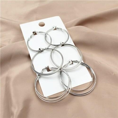 3 Pairs/Set New Fashion Hip Hop Big Silver Color Alloy Round Circle Hoop Earrings Set Punk Jewelry Accessory Party Gift