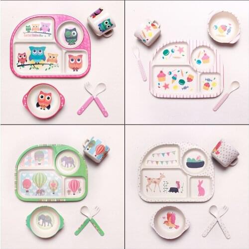5Pcs Childrens Tableware Feeding Bowl Fork Spoon Cup Lovely Portable Dishes Cartoon Kindergarten Bamboo Fiber Baby Food Plate