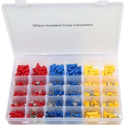 500pcs Boxed Copper Cold-pressed insulated terminal Cable Wire Connector Electrical Crimp Terminal Spade Butt Ring Fork Sets