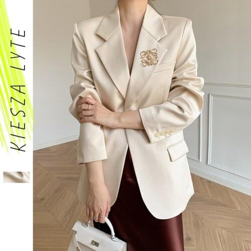 Beige Blazer Women 2021 New Spring Autumn Elegant Office Lady Korean Style Minority Satin Top With Brooch