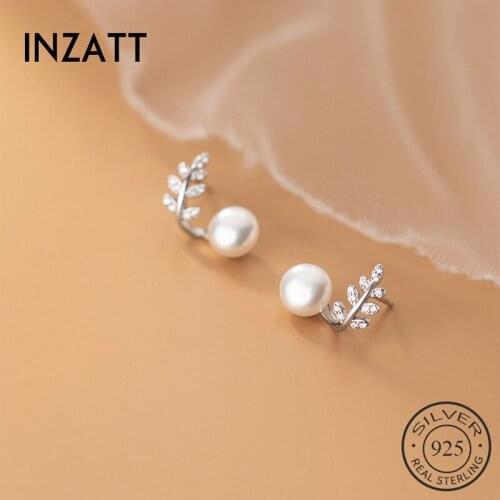 INZATT Real 925 Sterling Silver Round Pearl Zircon Plant Stud Earrings For Fashion Women Minimalist Fine Jewelry Accessories