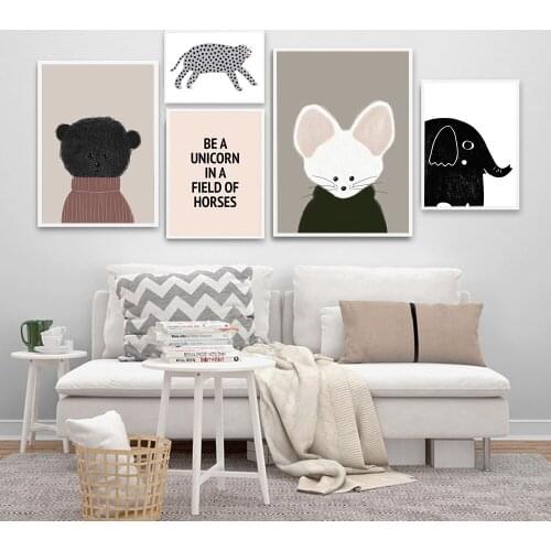 Pink Lovely Animal Canvas Painting Wall Art Cartoon Elephant Mouse Leopard Poster and Prints Wall Picture for Living Room Decor
