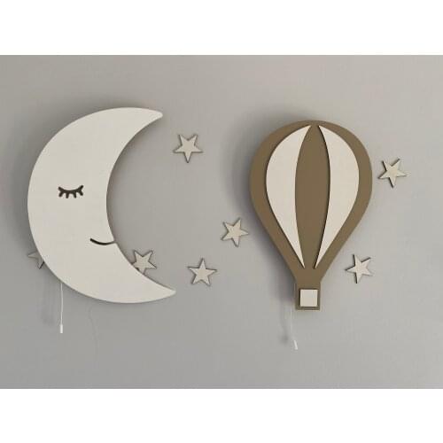 Set of 2- Baby Night Lamp Set Moon Lamp Star Light Wooden Wall Light Baby Shower Lamp Kids Bedside Decoration