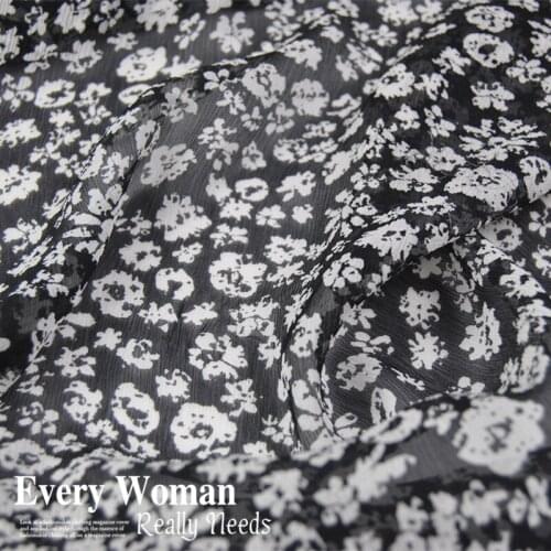 Silk Georgette Chiffon Fabric Dress Black White Flowers 100% y Fold Its Yarn Scarves Cheongsam Dress 50cm