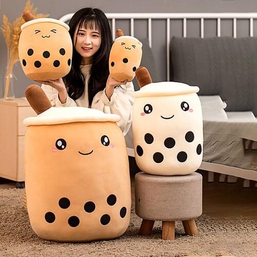 25-50cm Cute Cartoon Fruit Bubble Tea Cup Shaped Pillow with Suction Tubes Real-life Stuffed Soft Back Cushion Kid Funny Gift