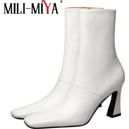 MILI-MIYA New Fashion Comfortable Waterproof Genuine Leather Women Ankle Boots Elegant Square Toe Thick Heels Party Casual Shoes