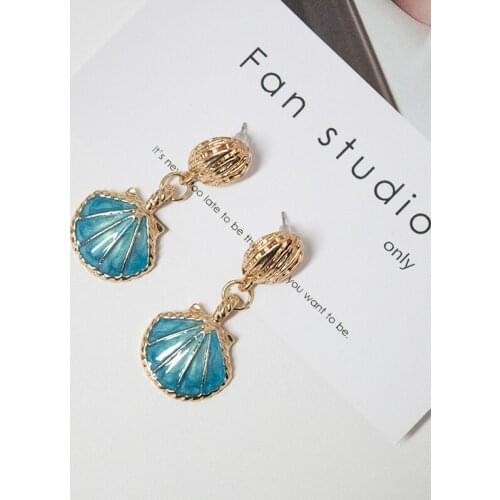 Fashion Earrings Jewelry Blue Metal Dangle Earrings Shell Shape Pendientes Long Earrings for Women Ethnic Indian Jewelry Gift